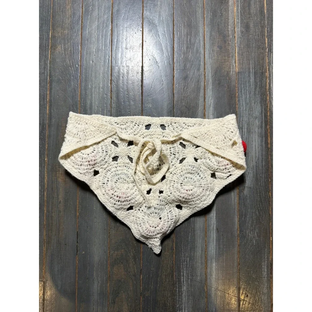 Crochet Cherry Bandana Head Scarf Boho Cottagecore Kerchief Cream